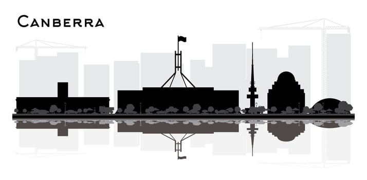 Canberra Australia City Skyline Silhouette with Black Buildings and Reflections Isolated on White. vector