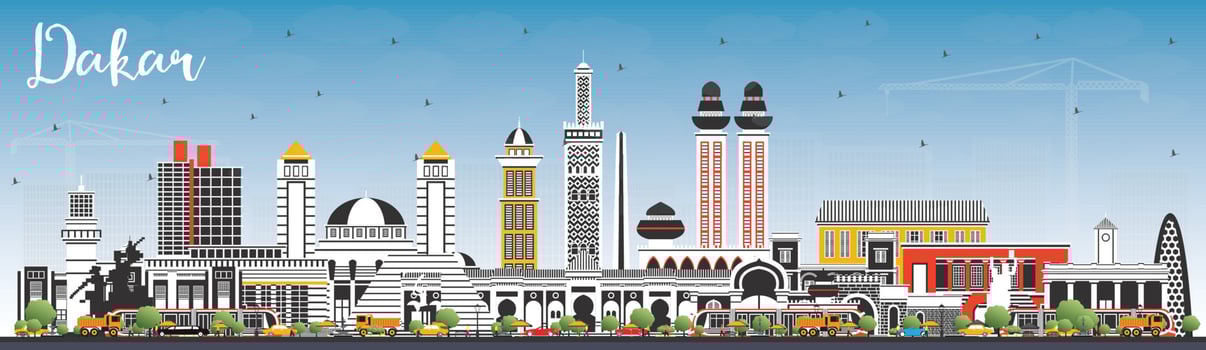 Dakar Senegal City Skyline with Color Buildings and Blue Sky. vector