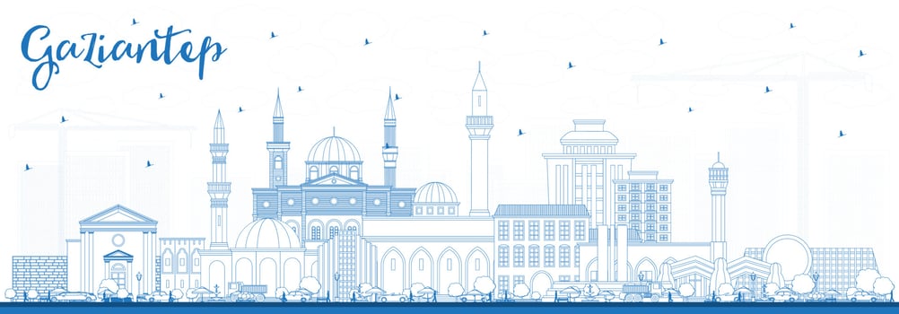 Outline Gaziantep Turkey City Skyline with Blue Buildings. vector
