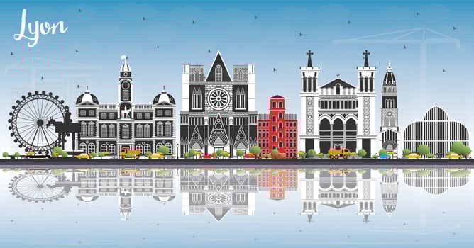 Lyon France City Skyline with Color Buildings, Blue Sky and Reflections. vector