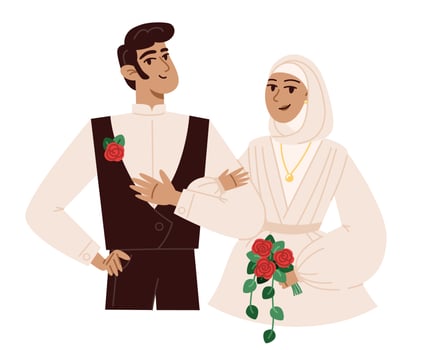 Bride with a bouquet of flowers and groom at the wedding, flat style illustration vector