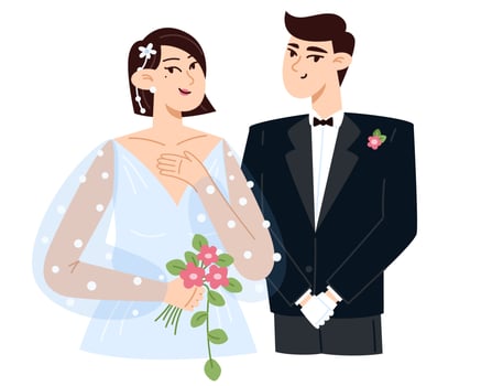 Bride with a bouquet of flowers and groom at the wedding, flat style illustration vector