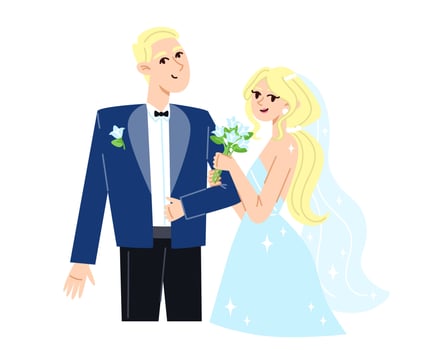 Bride with a bouquet of flowers and groom at the wedding, flat style illustration vector