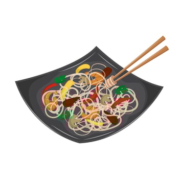 Transparent Chinese noodles - funchosa with shrimp and vegetables. Asian traditional cuisine. Vector illustration. Cartoon.