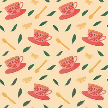 Seamless pattern with cup, spoon and tea leaves. Vector pattern in a flat view.