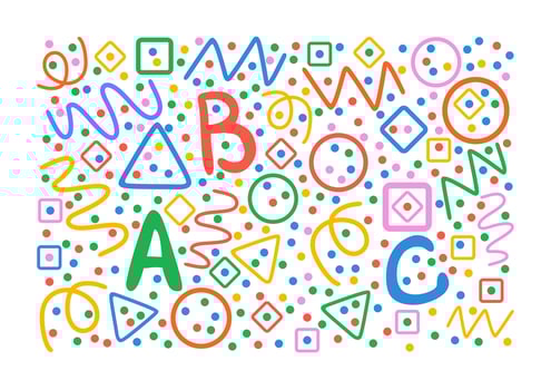 Colorful pattern. Circles, triangles, serpentine, dots, squares, rhombus and zigzag. ABC letters. Back to school. Fun colorful line doodle shape background. vector