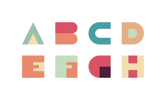Geometric alphabet and modern abstract typeface with numbers, punctuation marks, stylized colorful typography character, alphabet flat vector illustration.