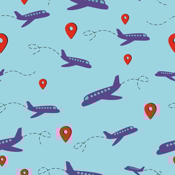 Air planes fly in blue seamless background. Red points. Air road. Kind of transport. vector