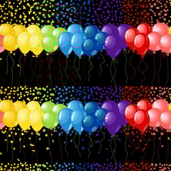 Balloons set vector red, pink, orange, yellow, green, blue and violet on black seamless background. Confetti. Rainbow colors.