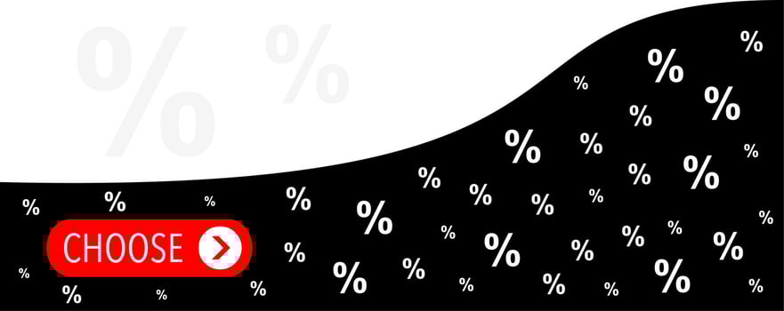 Banner with choose button. Red, white, black colors. Wavy shape. Percent's. Empty text and illustration space. vector