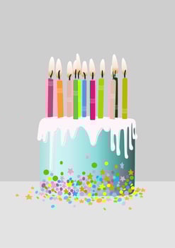 Colorful birthday cake with sprinkles and eleven candles on a gray background. vector