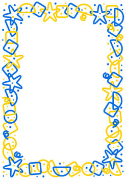 Colorful frame or border. Circles, triangles, serpentine, dots, squares, half circles, stars. Fun colorful line doodle shape background. Blue, yellow, white colors. Empty space for text or picture. vector