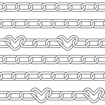 Seamless pattern with chain with hearts links. Emo background black on white background. Linear vector illustration.