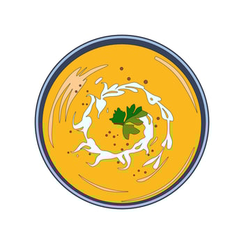 Bowl of cream pumpkin and cheese soup. Parsley. Top view. vector