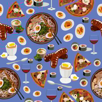 Seamless food pattern. Sausages, sushi and wine, ramen, pizza, eggs. Menu. Blue or violet background. Textile, print, fabric, wrapping paper. vector