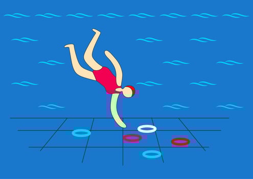 Diving collecting items from the bottom of the pool. Swimming pool. Young girl. vector