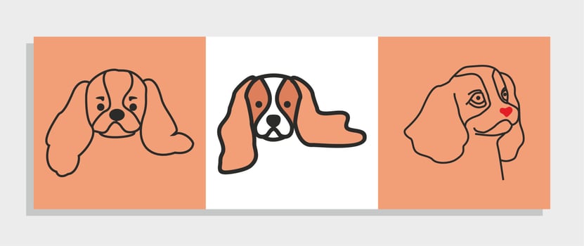Dog illustration set. Three pictures. Heart shape nose. Dog  silhouette. vector