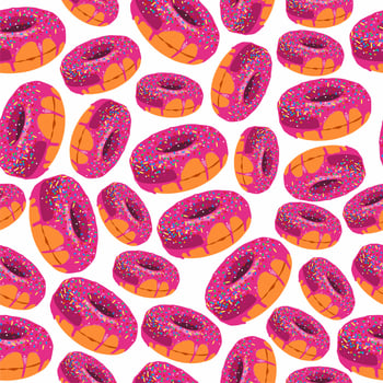 Vector donuts with pink chocolate on white background. Seamless pattern. Donut icons. Sweet desserts. Fast food. Glazed round cakes. Print, textile, fabric, wrapping paper. Pattern. Circle shapes.