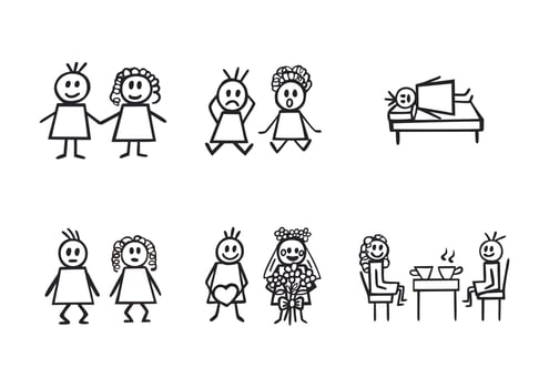 Cartoon hand drawn sticks man and woman in different poses set. Doodle vectors. vector
