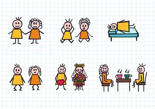 Cartoon hand drawn sticks man and woman in different poses set. Doodle colorful vectors. Grid page. vector