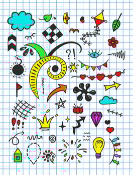 Creative art doodles hand drawn Design illustration. Colorful shapes. Grid sheet. vector