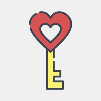 Icon heart shaped key. Valentine day celebration elements. Icons in filled line style. Good for prints, posters, logo, party decoration, greeting card, etc. vector