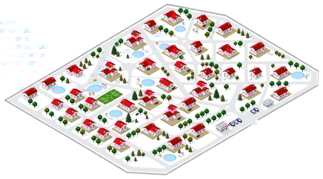 A glance at the isometric 3D illustration view of a cottage townhouse bungalow, residential, villa village from above vector