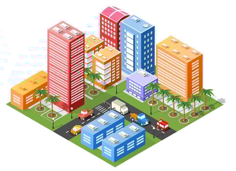 Isometric 3D illustration city urban area with a lot of houses and skyscrapers, streets, trees and vehicles vector