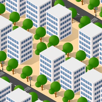 Isometric 3D illustration city urban area with a lot of houses and skyscrapers, streets, trees and vehicles vector