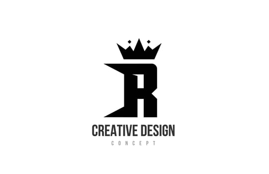 R black and white alphabet letter logo icon design with king crown and spikes. Template for company and business vector