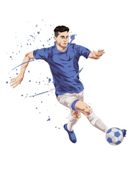 A soccer player in blue and white is kicking the ball vector