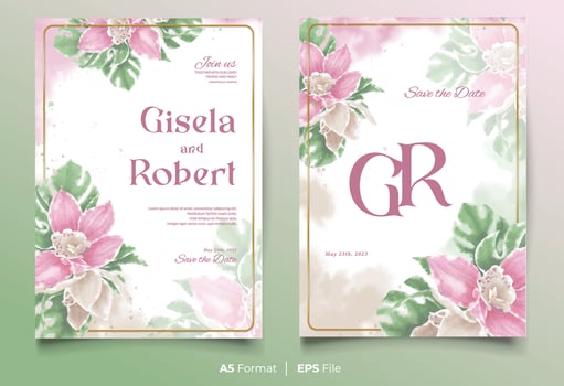 watercolor wedding invitation template with pink and green flower ornament vector