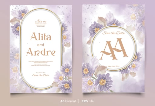 watercolor wedding invitation template with purple and green flower ornament vector