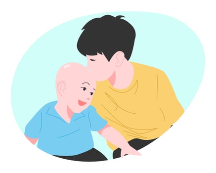 older brother kisses younger brother's forehead. boy and baby happy, laughing. different ages. concept of family, affection, love, etc. flat style vector illustration.