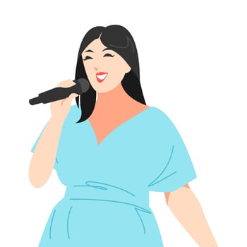beautiful female singer illustration. holding microphone. isolated on white background. concept of musician, profession, hobby, music, art. For print, sticker, poster. vector illustration. flat style.