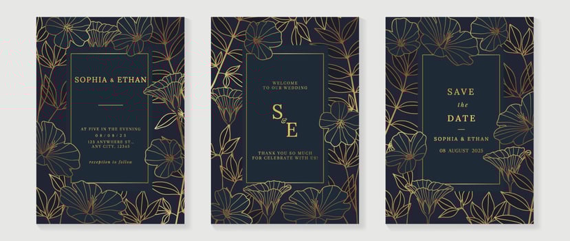 Luxury wedding invitation card background vector. Gradient gold texture botanical flower leaf branch line art template background. Design illustration for wedding and vip cover template, banner. vector