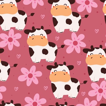 seamless pattern cartoon cow and flower. cute animal wallpaper for textile, gift wrap paper vector