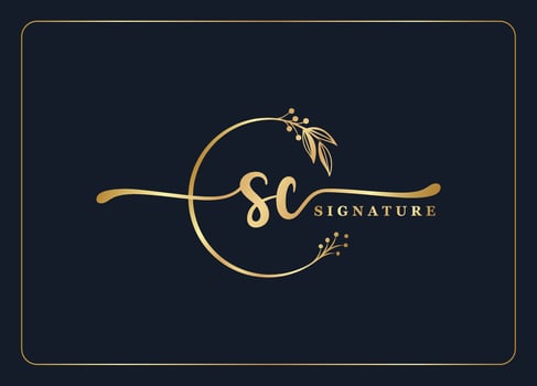 luxury gold signature initial Sc logo design isolated leaf and flower vector