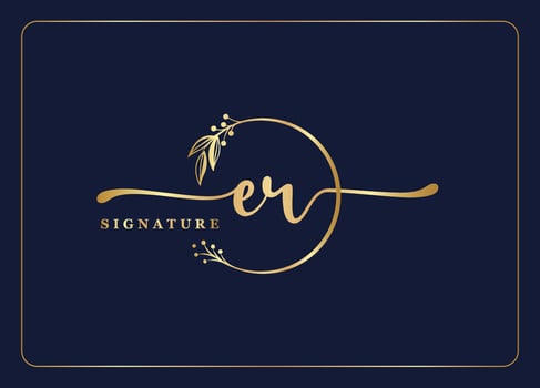 luxury gold signature initial ER logo design isolated leaf and flower vector