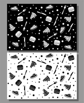 Fast Food Seamless Pattern, Pizza And Burger Seamless Pattern Black White Vector Design