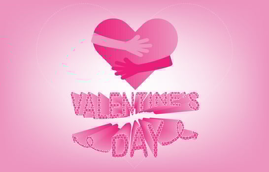 Valentine's Day poster or banner with cute font and hands embracing the heart with love on pink background. Design for promotion and shopping template. Background for Love and Valentine's day concept. vector
