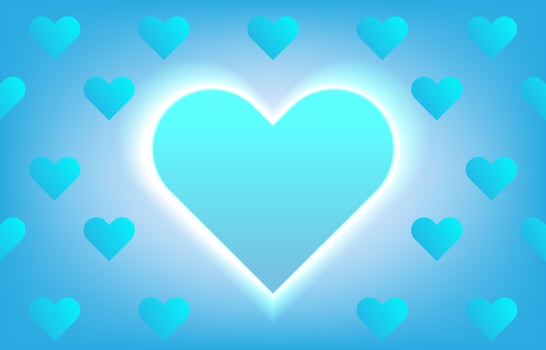 Bright blue hearts. Neon heart symbol. Glowing heart sign on blue background. Design elements for Happy Valentine's Day. Ready for your design, greeting card, banner, birthday. Vector illustration.