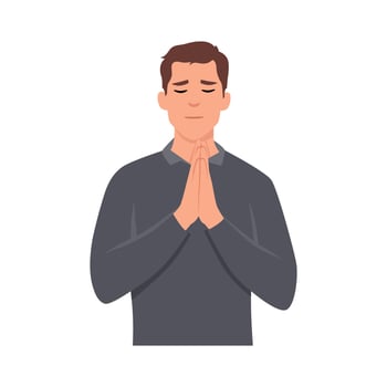Young man holding hands folded in pray. Flat vector illustration isolated on white background