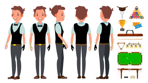 Snooker Player Male Vector. Billiard. Sport Theme. Gambling Table. Isolated Flat Cartoon Character Illustration vector