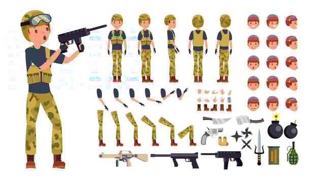 Soldier Male Vector. Animated Character Creation Set. Military Man Full Length, Front, Side, Back View, Accessories, Poses, Face Emotions, Gestures. War. Army Soldier Uniform. Illustration vector