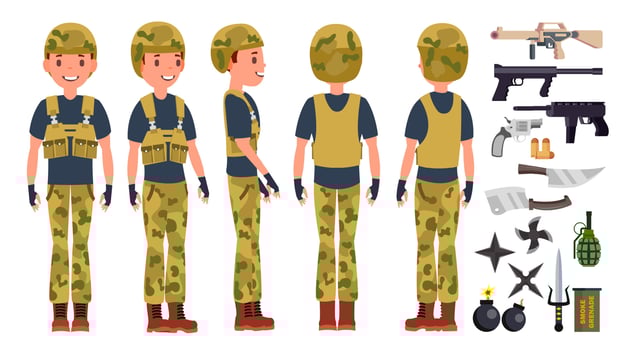 Soldier Man Set Vector. Poses. Army Person. Camouflage Uniform. Shooter. Saluting. Cartoon Military Character Illustration vector
