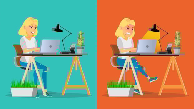 Stressed Out Woman Vector. Blonde Girl Working At Office. Stressful Work, Job. Tired Business Person. Hard Career. Calm Company Employee. Flat Cartoon Character Illustration vector