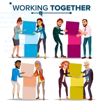 Working Together Concept Vector. Communication, Cooperation. Businessman And Business Woman. Teamwork. Successful Collective. Busy Day. Co-workers. Business People. Isolated Cartoon Illustration vector