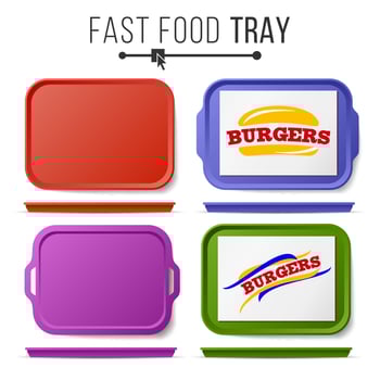 Tray Salver Set Vector. Empty Plastic Rectangular Tray Salvers. Top View. Advertising, Branding Concept. Tray Isolated On White vector