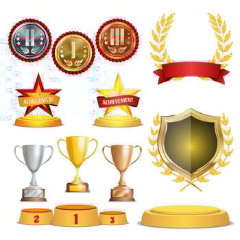 Trophy Awards Cups, Golden Laurel Wreath With Red Ribbon And Gold Shield. Realistic Golden, Silver, Bronze Achievement Medals. Sports Placement Podium. Isolated Vector Illustration